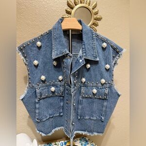 Studded Denim Vest with Pearl Accents